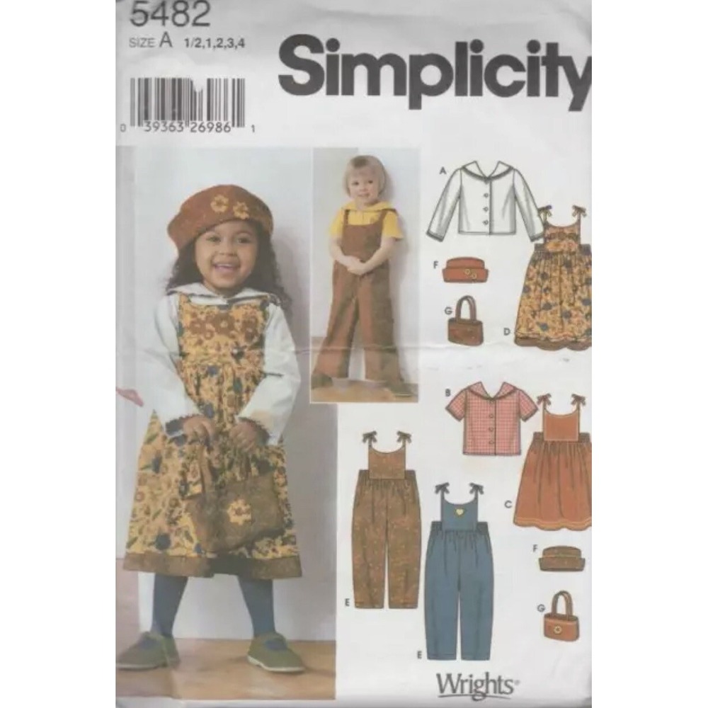Simplicity 5482 Toddlers Blouse Jumper Overalls Hat Pattern Size 1/2-4 Uncut